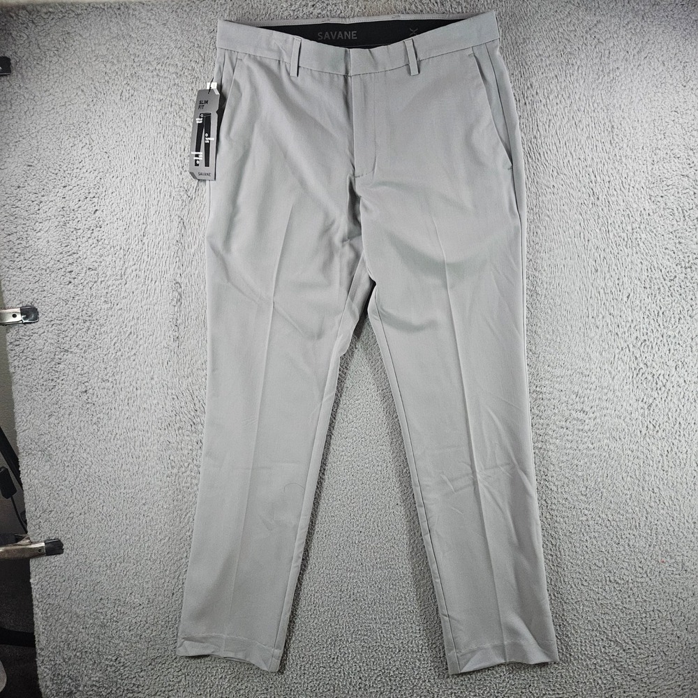 NEW Savane Mens Slim Fit‎ Dress Pants Stone Grey Tapered Leg 32x32